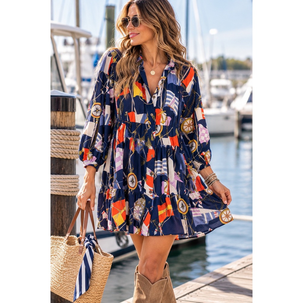 Maeve Anthropologie Nautical Flag Print Clip Dot Mini Dress Navy XS Long Sleeve